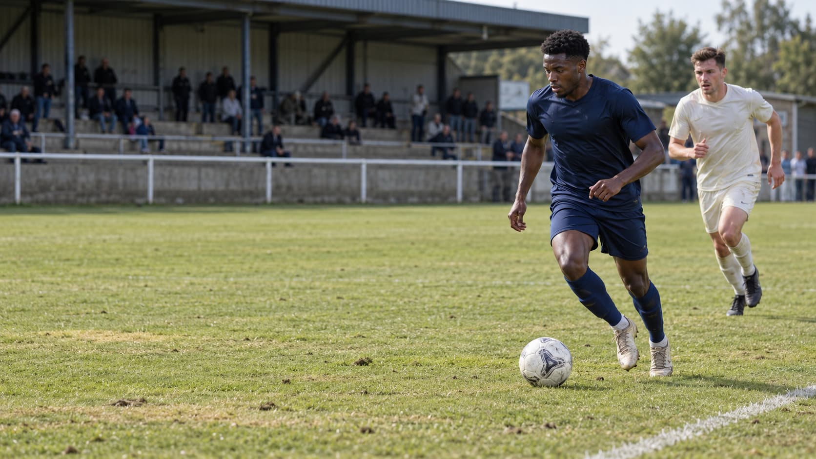 Match image: a player in navy carries the ball as an opponent in white tracks back.