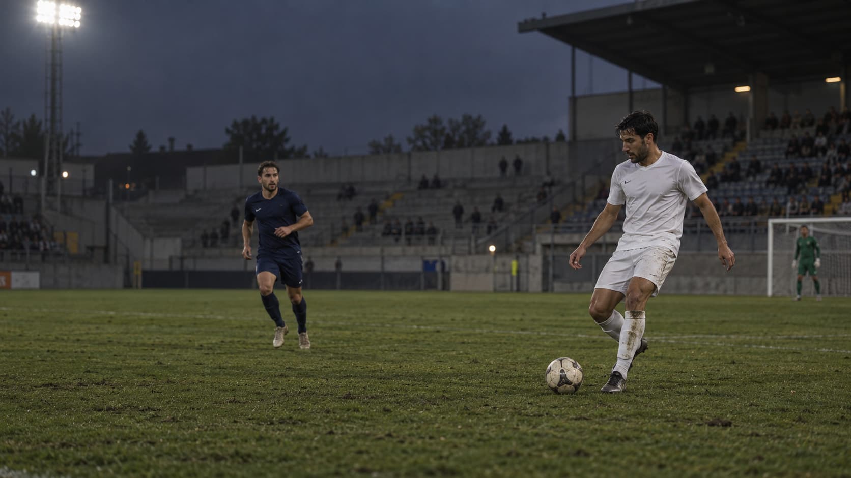 Evening match under floodlights: a player in white carries the ball, an opponent in navy comes in from behind.