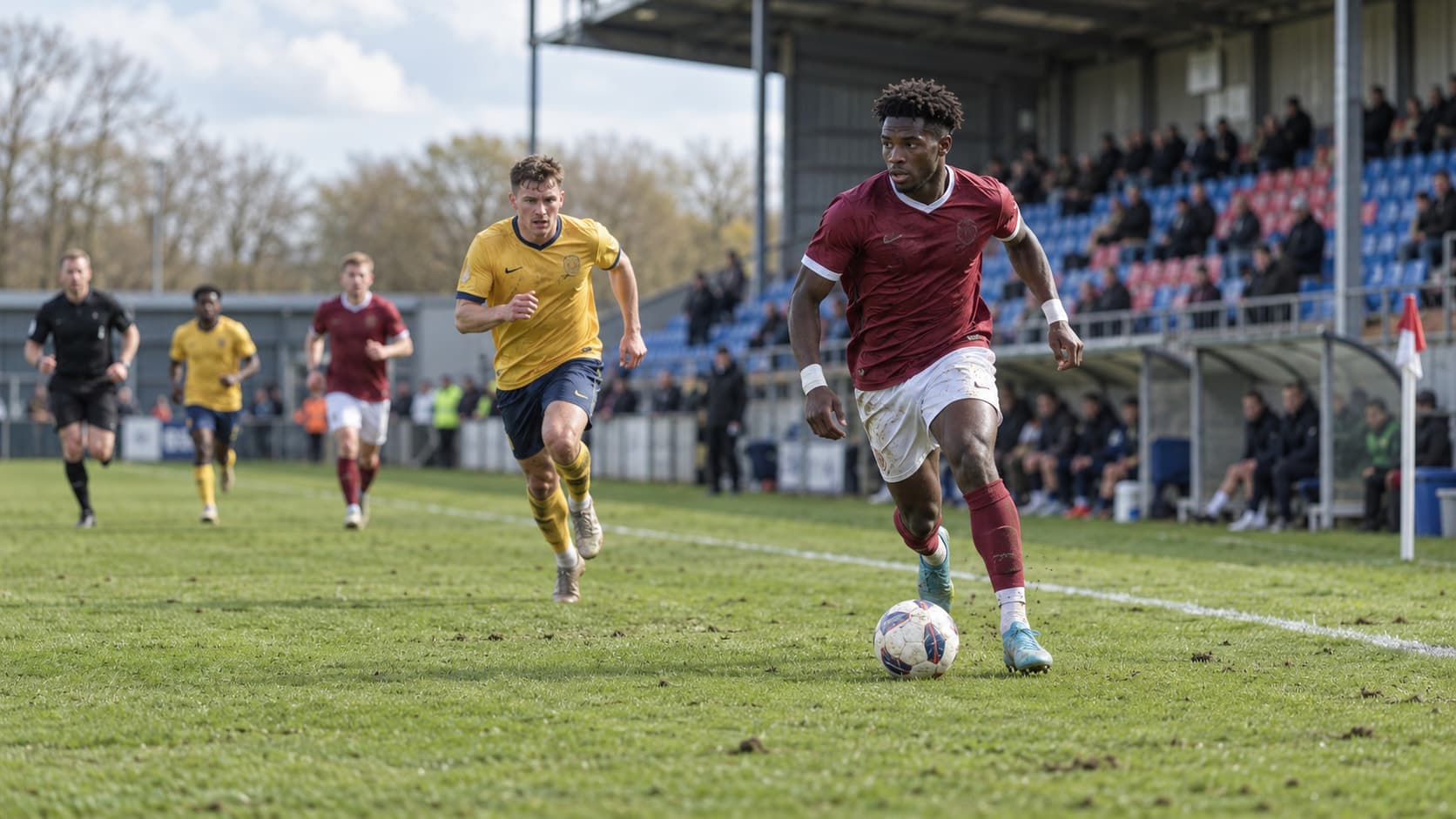 Match image: a winger in burgundy runs with the ball along the touchline, chased by a defender in yellow.