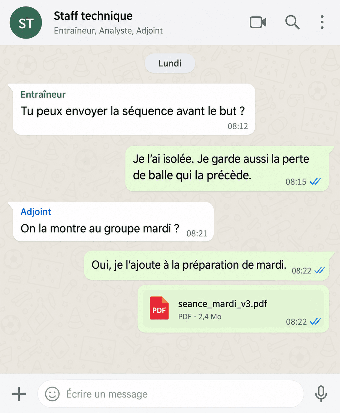 Discussion de groupe fictive « Staff technique », lundi. Entraîneur : « Tu peux envoyer la séquence avant le but ? » Analyste : « Je l’ai isolée. Je garde aussi la perte de balle qui la précède. » Adjoint : « On la montre au groupe mardi ? » Analyste : « Oui, je l’ajoute à la préparation de mardi. », avec le fichier seance_mardi_v3.pdf.