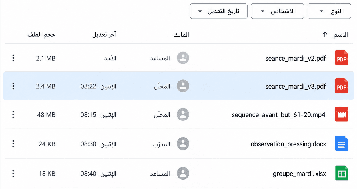 مجلد مشترك خيالي «تحضير الثلاثاء»: النسخة 2 من الحصة (المساعد، الأحد)، والنسخة 3 (المحلّل، الإثنين، محدّدة)، ولقطة ما قبل الهدف، وملاحظة الضغط، وقائمة المجموعة.